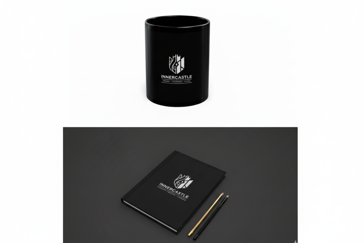 Black mug and notebook with pen on a dark background featuring Innercastle logo
